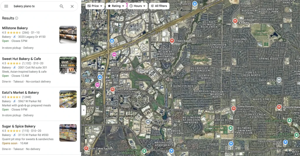 Google Maps Result for Bakeries in Plano